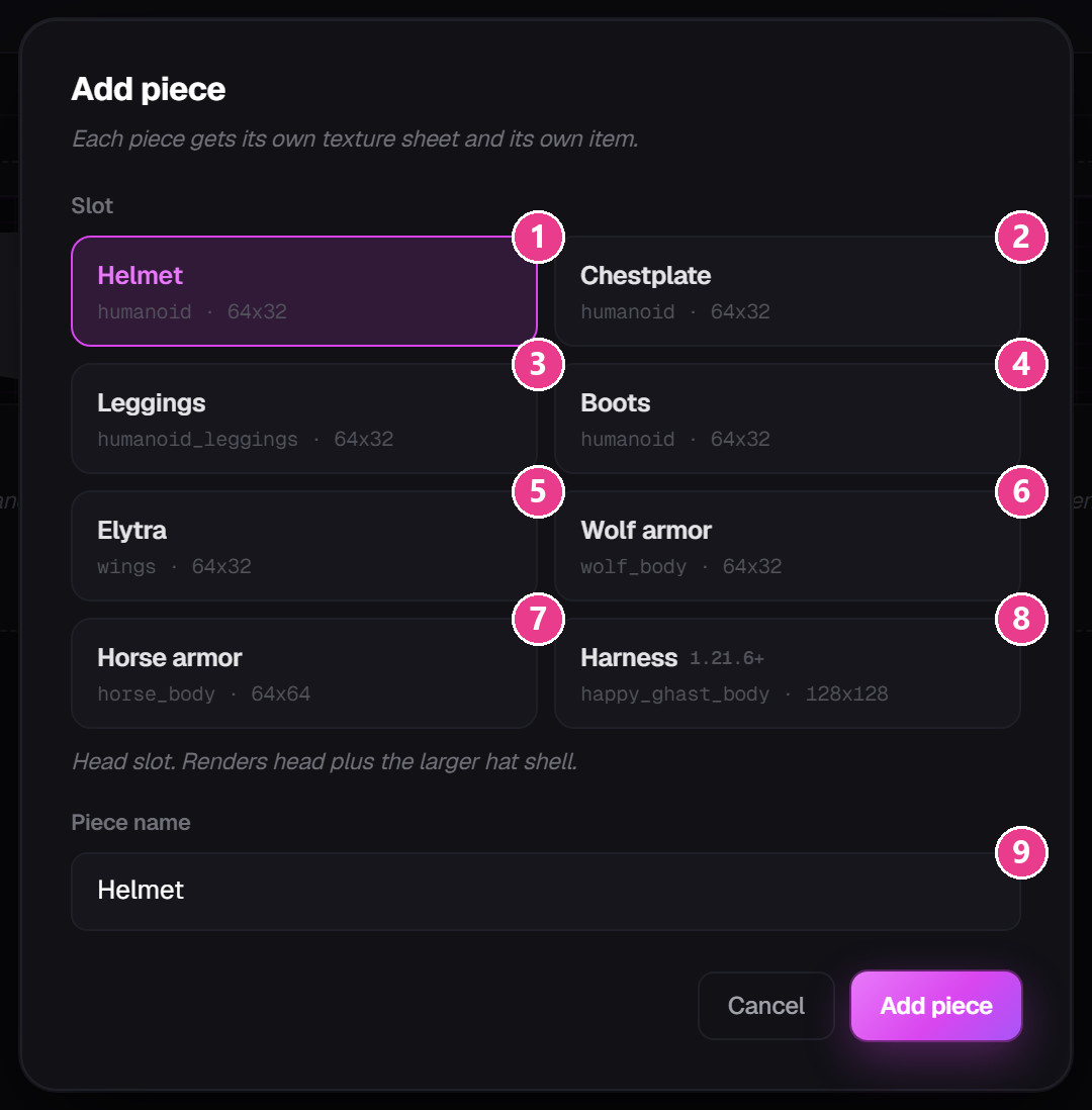 The Add piece dialog with all eight slot cards numbered
