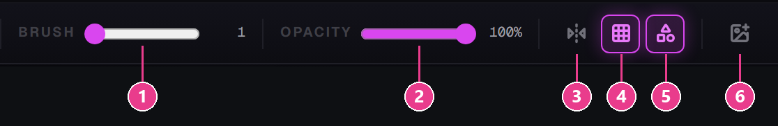 The right half of the paint toolbar with the import button as number 6