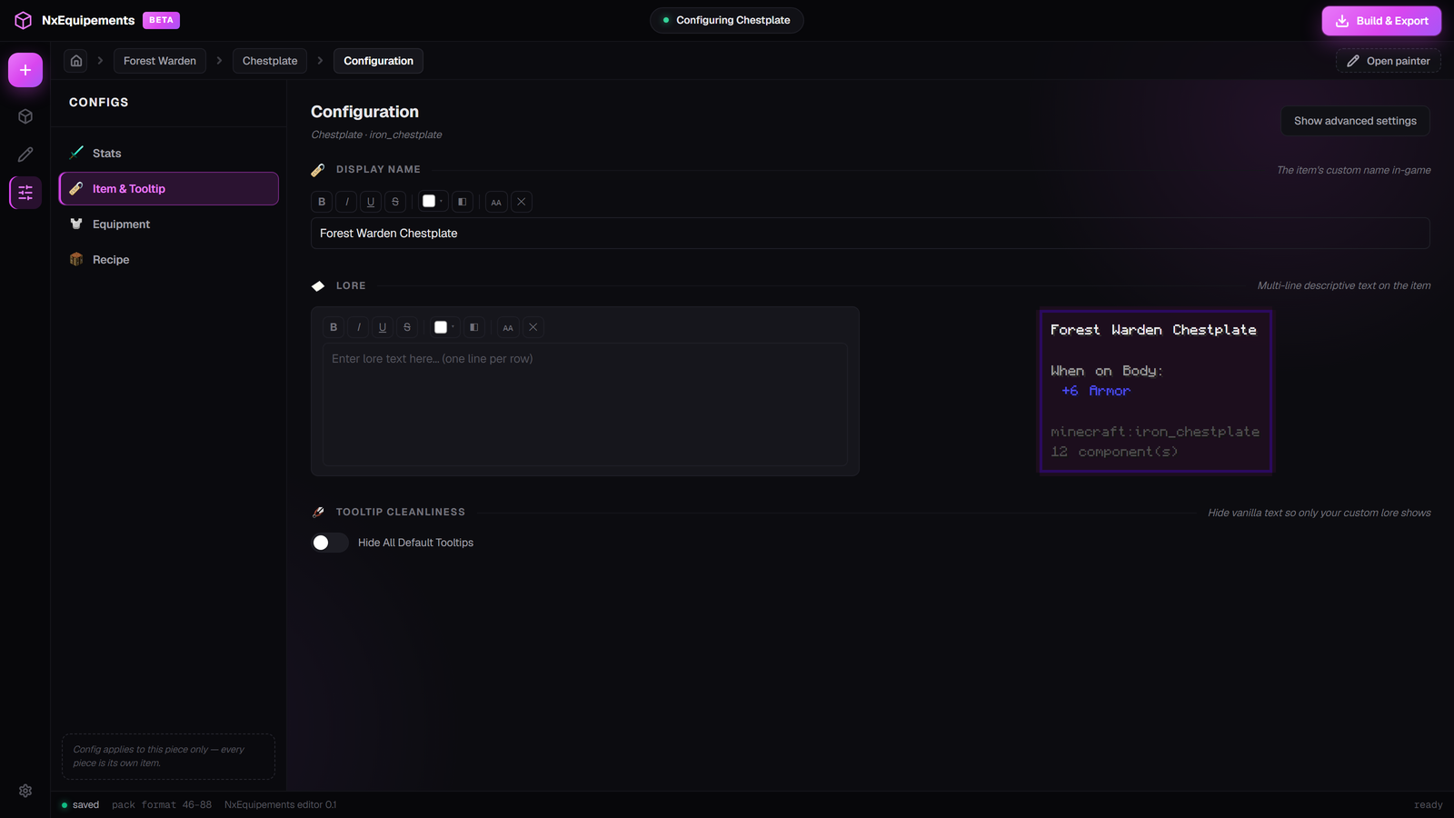 The Item and Tooltip tab with a live Minecraft tooltip preview