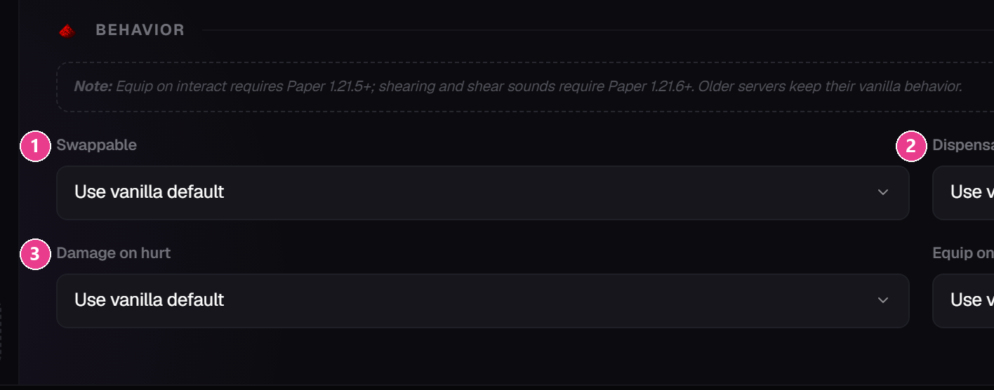 The Behavior section with its dropdowns numbered
