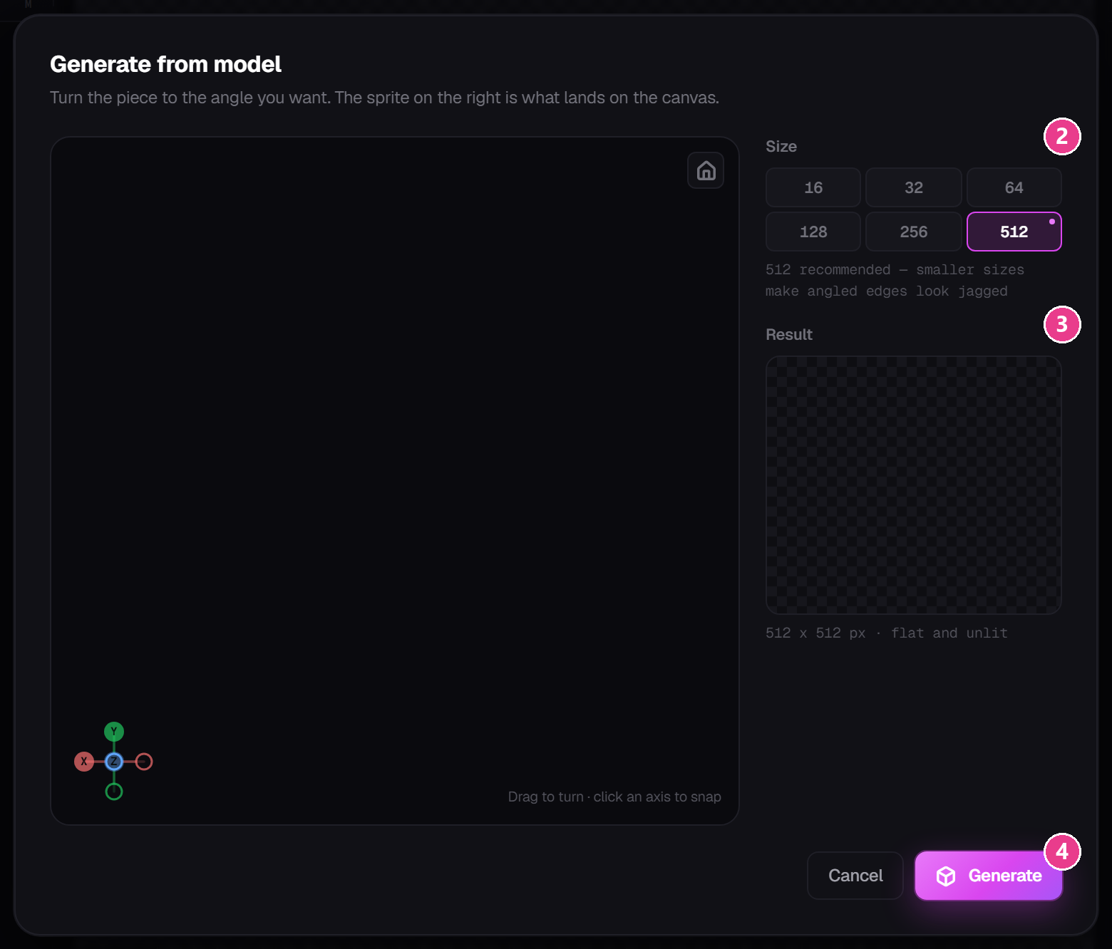 The Generate icon from model dialog with its controls numbered