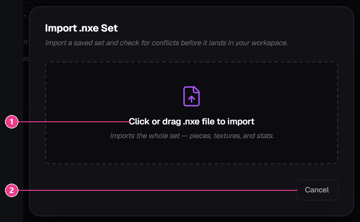 The Import .nxe Set dialog with the drop zone numbered