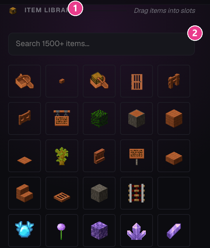 The Item Library panel with its heading and search box numbered