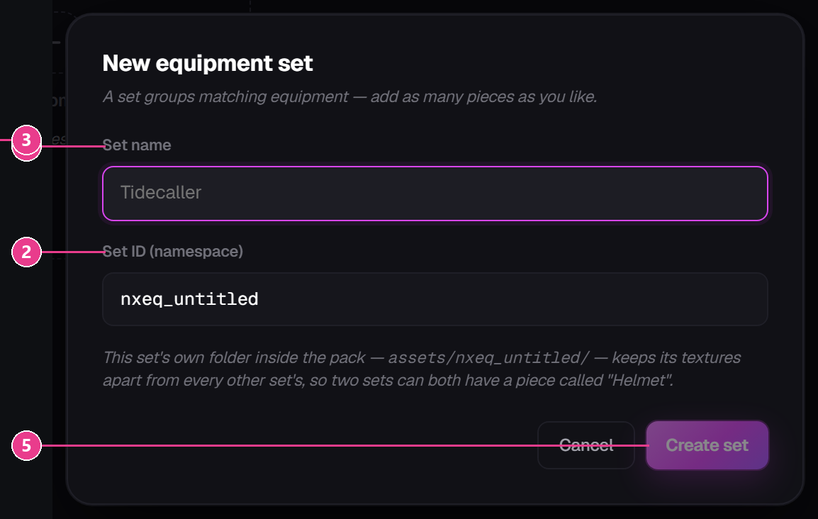 The New equipment set dialog with its fields numbered