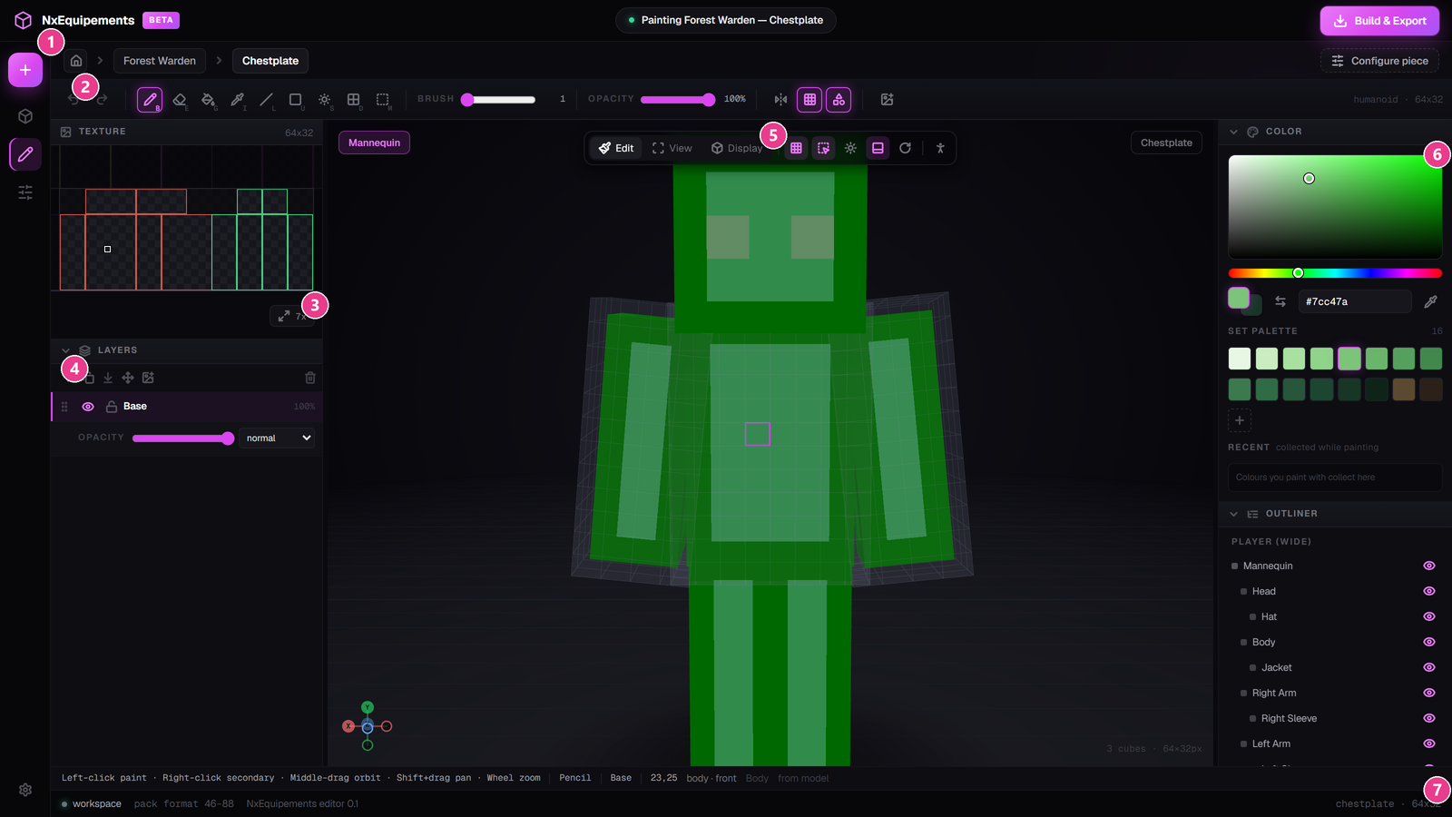 The NxEquipements 3D painter with a green armour set on the mannequin