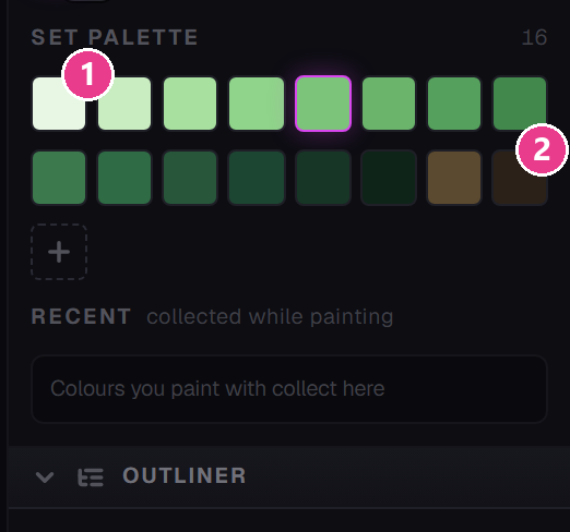 The set palette and recent colours strip, numbered