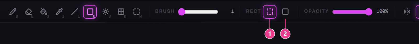 The toolbar with the rectangle outline and filled options numbered