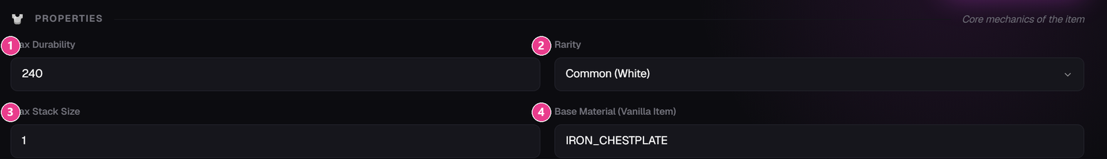 The Properties section with its four fields numbered