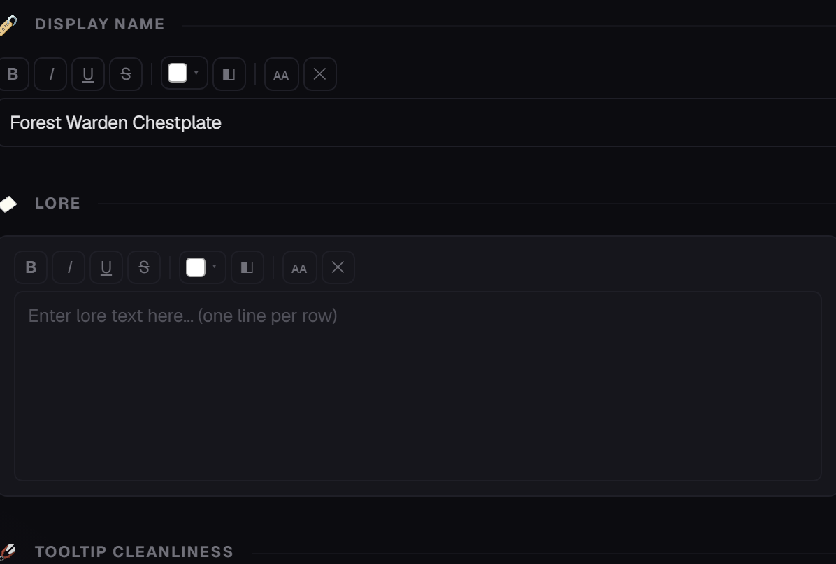 The live Minecraft tooltip preview beside the text boxes