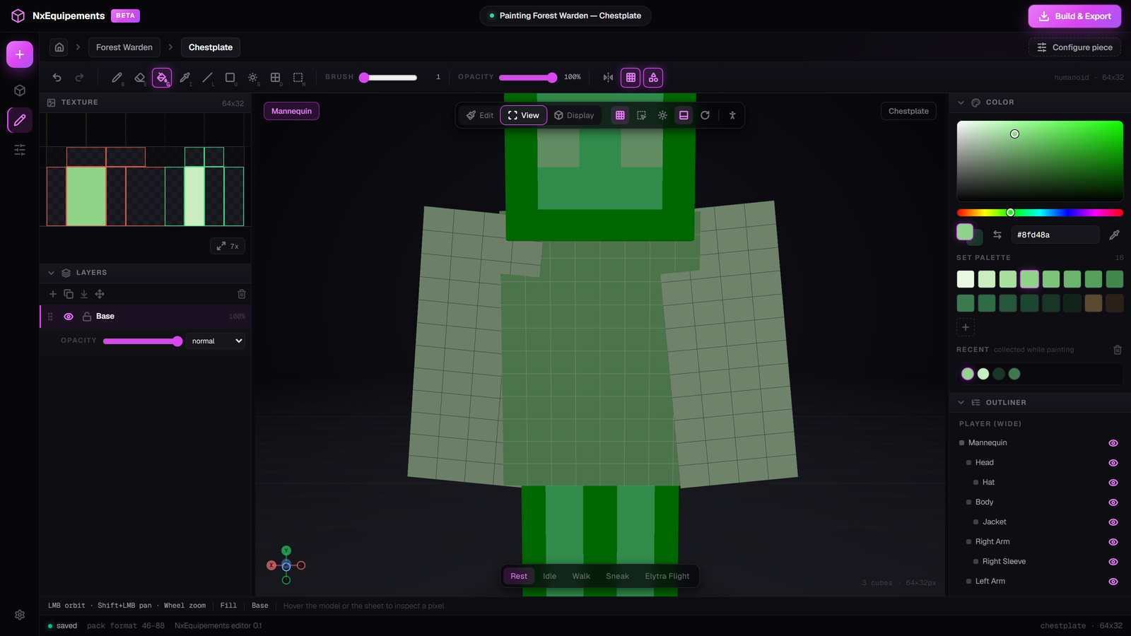 View mode showing the painted armour set on the mannequin