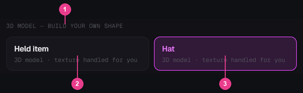 The 3D MODEL group in the Add piece window, with its two cards numbered