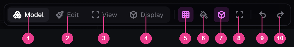 The Model mode bar with its ten controls numbered