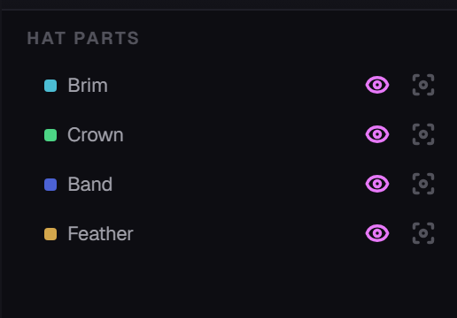 The OUTLINER listing every box of the model by name with its colour