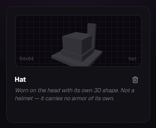 The piece card for a 3D model hat in the set
