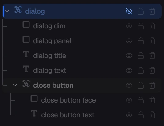 The dialog row with its eye shut, its rows dimmed
