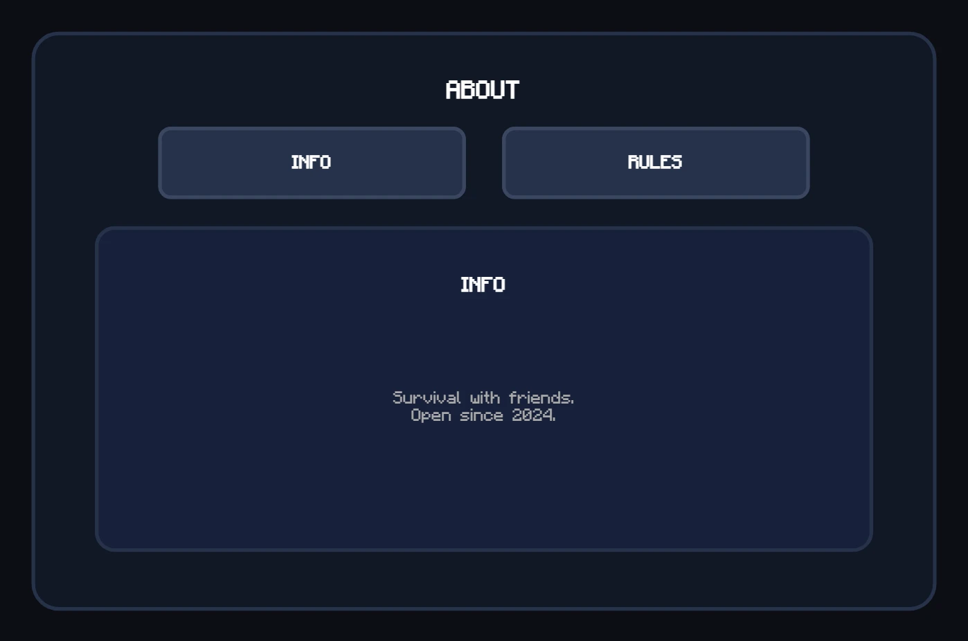 An About menu with INFO and RULES buttons