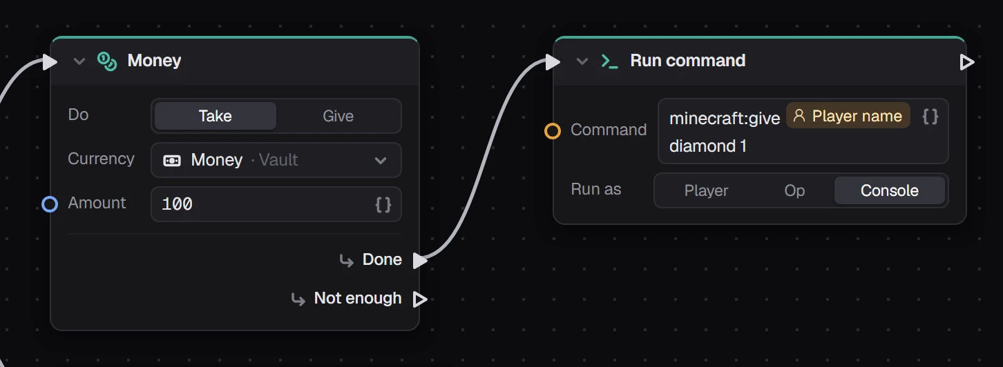 Money, then Run command: give the player a diamond